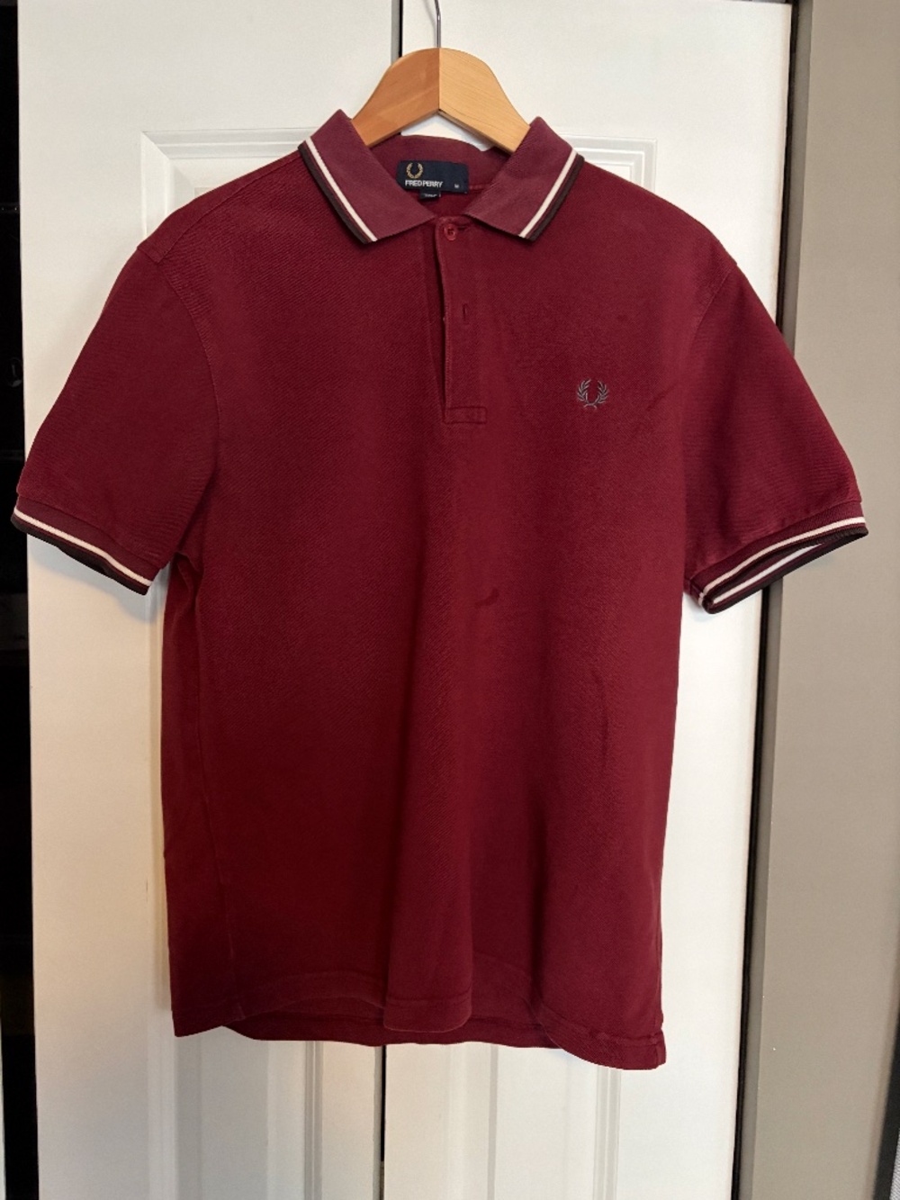 Fred Perry Twin Tipped Polo Shirt Maroon Black Laurel Logo Men's Size M